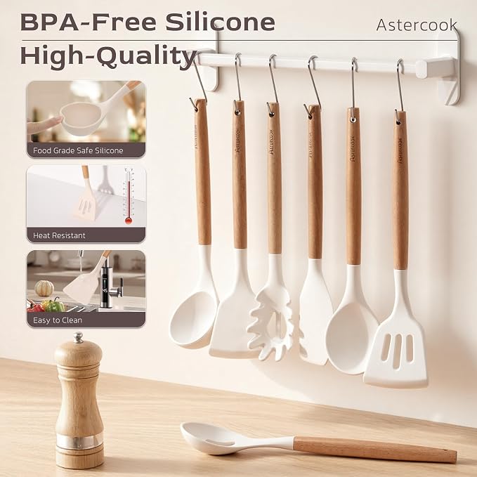 Astercook Kitchen Utensils set, 39 PCS Silicone Cooking Utensils Set with Wooden Handle, 446°F Heat Resistant Food Grade Utensil Sets, BPA Free Kitchen Gadgets Tools Set for Nonstick Cookware (Cream)