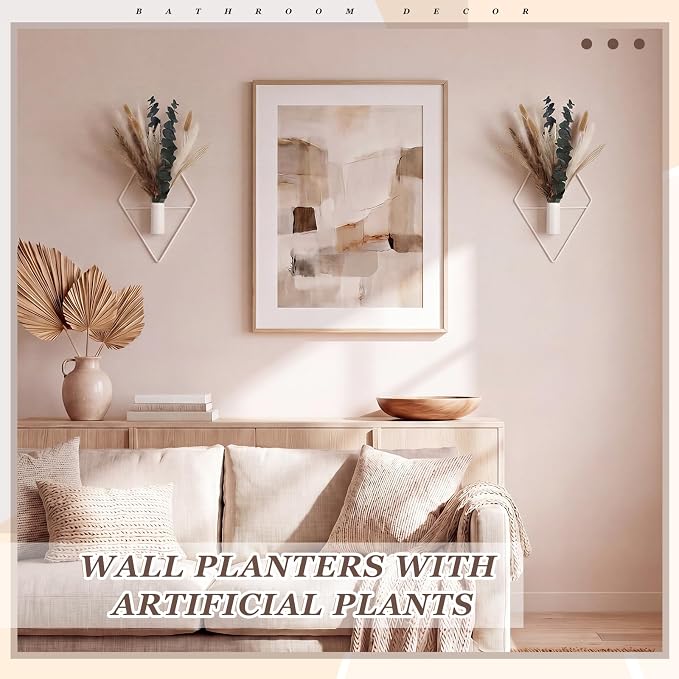 Jexine 4 Pcs Hanging Planters with Artificial Pampas Eucalyptus Metal Hanging Vase Indoor Plants Holder Modern Geometric Boho Bathroom Wall Decor for Living Room Home Office, Matte White
