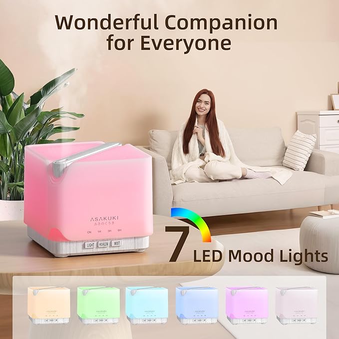 ASAKUKI Essential Oil Diffuser for Home, Large 700 ml Humidifier with Automatic Shut-Off, Quiet Aromatherapy Diffuser with 7 LED Lights for Living Room, Kitchen, Bedroom, Hotel - White