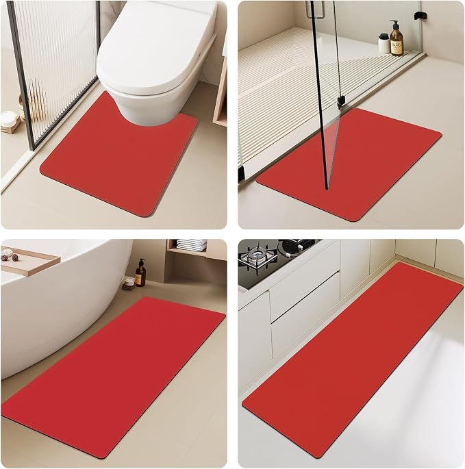 TYUU Christmas Bath Mat, Red Bathroom Rugs Non Slip Washable Thin Absorbent Bath Mat Fits Under Door Bathroom Floor Mat Perfect for Bath, Shower, or Sink 24"x70" Red