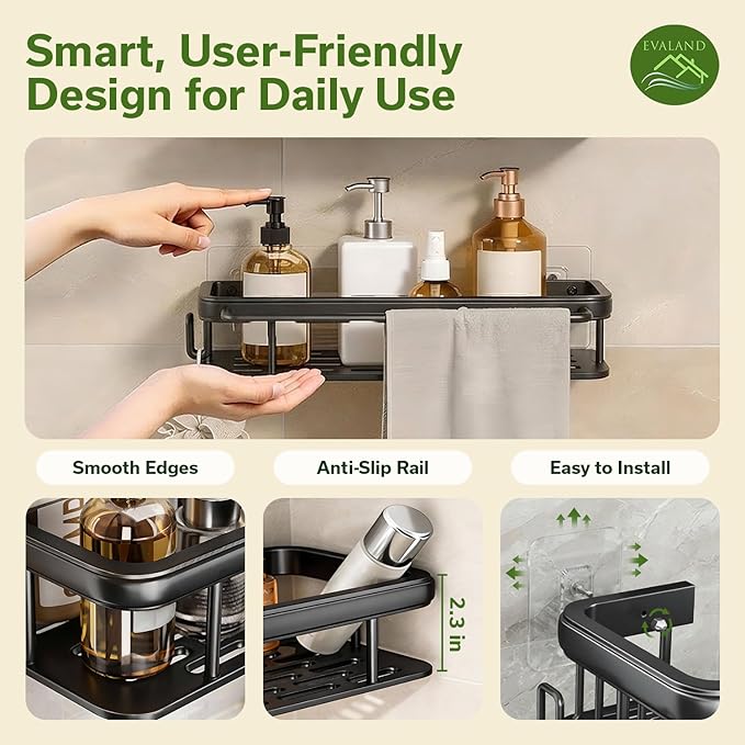 EVALAND Shower Caddy Adhesive 2-Pack with Hooks and Rod for Towels, Black – Premium Bathroom Shower Shelves, Shampoo Organizer, Bathtub Shelf, Rustproof, Easy Installation, Sturdy Modern Look