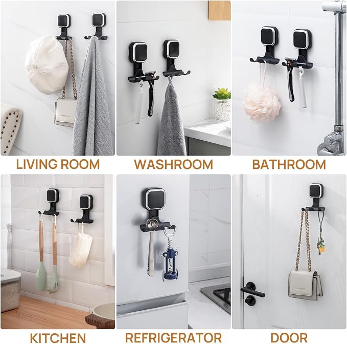 LEVERLOC Vacuum Suction Cup Razor Holder for Shower 2 Pack, Heavy Duty Shower Hooks for Towel, Loofah, Razor, Cell Phone, Damage-Free Hanging Plated Suction Cup Hooks, Easy to Install and Reuse, Black