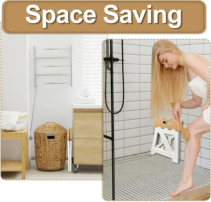 Shower Stool for Shaving Legs, 1 Pack Foot Rest Folding Stool Step to Shave Legs Shaving for Inside Shower Foldable Small Waterproof Plastic Corner Khaki White