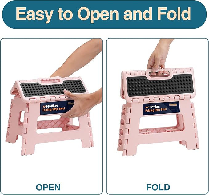 Flottian 9" Folding Step Stool for Adults and Kids Holds Up to 300 lbs,Non-Slip Folding Stools with Portable Handle, Compact Plastic Foldable Step Stool for Bathroom,Bedroom, Kitchen Sakura Pink