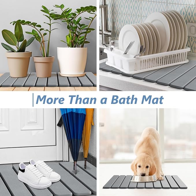 AWW Foldable Stone Bath Mat, Quick Dry Diatomaceous Earth Bath Mat with Non-Slip Mat, Super Absorbent, Easy to Clean, Compact for Small Bathrooms, 23.6 x 15.5, Grey