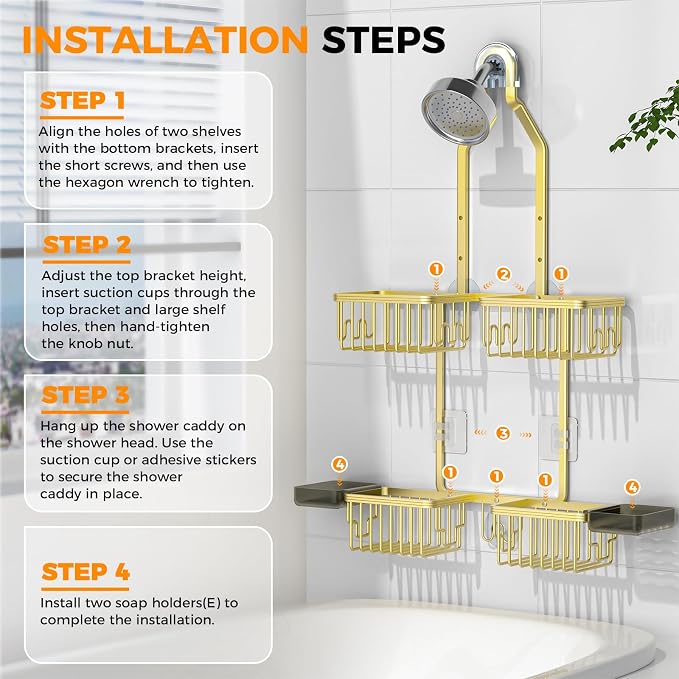 REINHARDT Aluminum Shower Caddy Hanging Adjustable Shower Caddy, Rustproof Hanging Shower Organizer with Hooks Soap Holders, Over Shower Head Caddy for Handheld Showerhead, Gold
