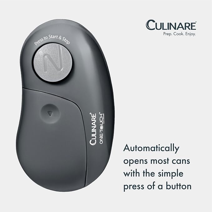 Culinare One Touch Electronic Tin Opener, Grey, Plastic/Stainless Steel, Automatic Can Opener, Battery Operated/Hands-Free Use/Magnetic Lid Removal, Batteries Not Included