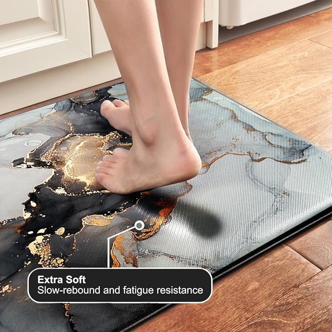 Mrcrypos Luxury Black and Gold Marble Kitchen Rugs PVC Leather Waterproof Non Slip Cushioned Standing Mats Anti Fatigue Kitchen Runner Rugs for Floor,Sink,Laundry,Office 23.5" W x 70" L