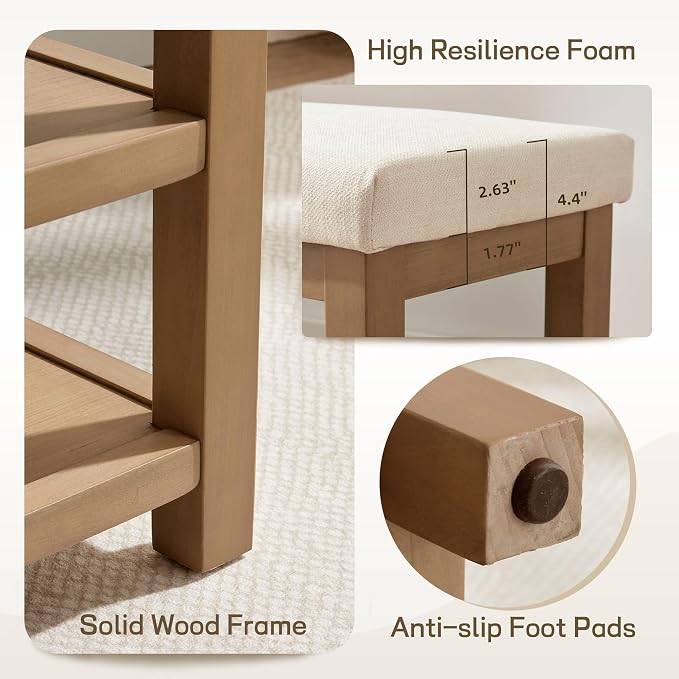 Zihanhome 2 Tier Shoe Rack Bench with Cushion, Solid Wood Shoe Benches, Mid-Century Modern Shoe Storage Bench for Entryway, Hallway, Living Room, Closet, Front Door Entrance, (Beige, 31.5")