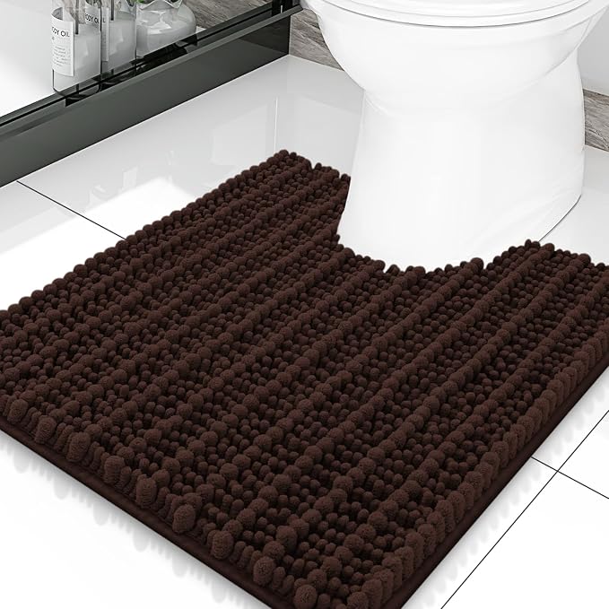 Smiry Bathroom Toilet Rugs U Shaped 20x20, Extra Soft Absorbent Non Slip Rubber Backing Chenille Contour Bath Rugs for Toilet, Machine Washable Contoured Bath Mats, Brown
