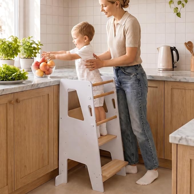 EHHLY Toddler Standing Tower Kitchen Helper – Extra Safe Adjustable 3-Level Learning Tower, Stable Wooden Toddler Kitchen Stool and Step Stool for Independent Learning (White)