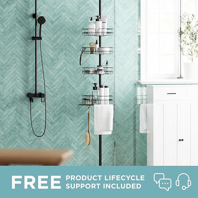 Zenna Home Tension Pole Shower Caddy Corner Organizer, Adjustable Standing Shower Caddy with 4 Baskets and Built in Towel Bar, Rust Resistant Bathroom Tension Rod Organizer, 60 to 97 Inch, Bronze