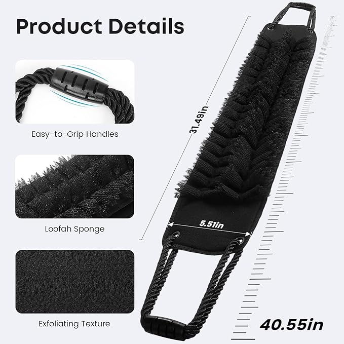 eaxun Back Scrubber with Handles for Shower, Wider 40 Inches Dual-Sided Back Washer with Exfoliating Texture and Loofah for Men, Women and Elderly, Bath Back Exfoliator Body Cleaner for Deep Cleansing