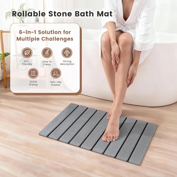 Super Anti-Slip Strong Absorbent Diatomite Pad, Stone Bath Mat 23.6 x 15.5 inches Quick-Dry Pad, Foldable and Easy to Store Bathroom Stone Bath Mat, Suitable for Bathroom, Easy to Clean (Gray)