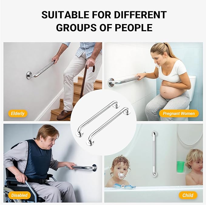 Anti Slip Grab Bars for Shower Polished Nickel, Safety Textured Grip Shower Grab Bars for Seniors, Holds up to 500LBs, Knurled Handicap Grab Bars for Wall with Concealed Screws, 16 Inch