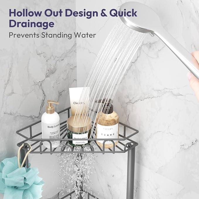 SWTYMIKI Standing Shower Caddy Corner - 4‑Tier Stainless Steel Shower Organizer Shelf with 12 Hooks and Adhesive Pads, Rustproof Corner Shelves Stand Rack for Bathroom Shower Room, Gray