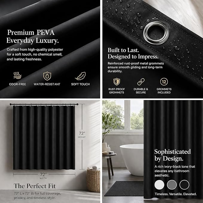 EHZNZIE Black Shower Curtain Liner 72x72, PEVA Waterproof Bath Curtain, No Chemical Smell, 3 Weighted Magnets, Durable with Rustproof Metal Grommets