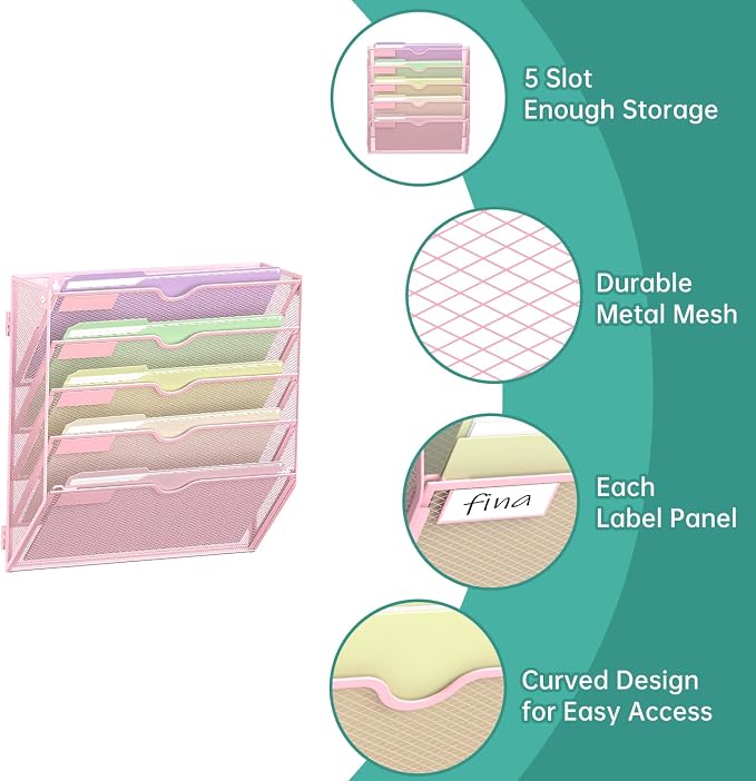 SUPEASY 5 Tier Wall File Organizer, Hanging Wall Mounted Mail Organizer with Label Slots, Metal Mesh File Holder Magazine Rack for Office, Home, School, Pink