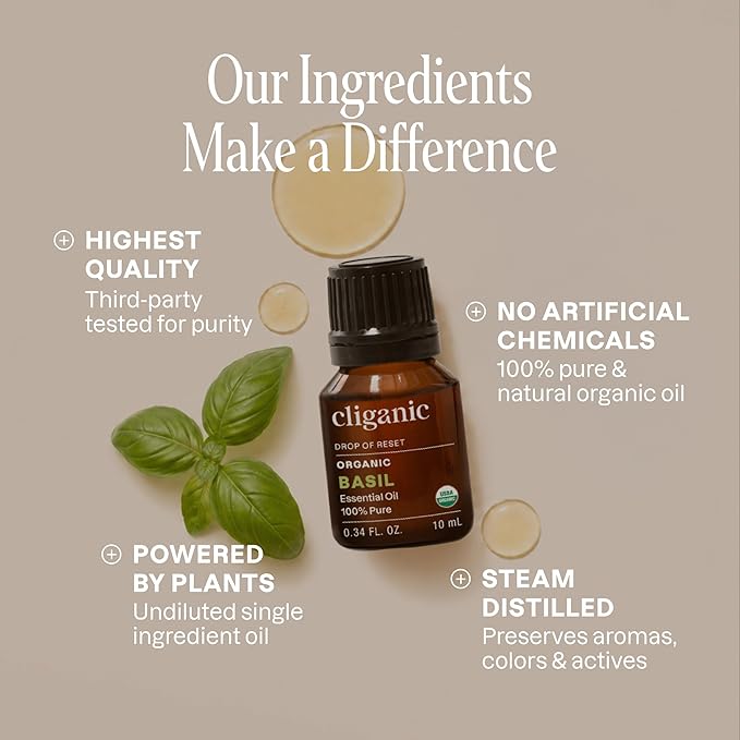 Cliganic Organic Basil Essential Oil, 100% Pure Natural for Aromatherapy | Non-GMO Verified