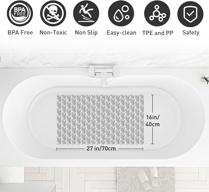 XIYUNTE Shower Mat Non Slip Bathtub Mat - 27 x 16Inches Soft Rubber Bath Mat for Tub Non Slip Bath Mat with Suction Cups and Drain Holes, Easy to Clean, Easy to Cut, Eco-Friendly, Grey