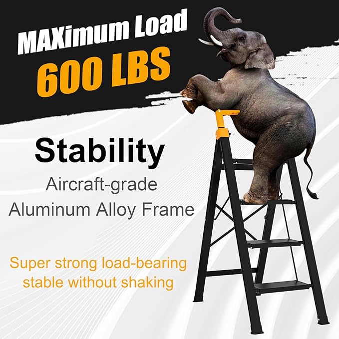 4 Step Ladder with Single-Handrail, Aluminum Step Stool Foldable, Lightweight Sturdy Step Ladder with Anti-Slip Pedals,Convenient Handrail for Home Kitchen Closet, 600lbs Max Load Capacity (Yellow)