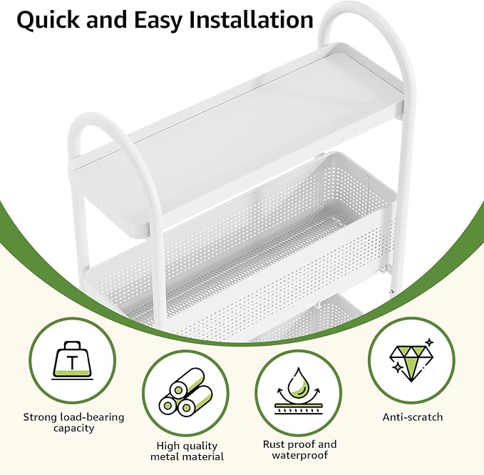 KINGRACK 5-Tier Slim Storage Cart with Pull Out Basket, Rolling Bathroom Organizer Utility, Metal Shelving Unit Slide Out, Lockable Wheels, Easy Assembly for Narrow Place, Kitchen, Laundry Room, White