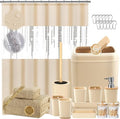 Beige Bathroom Accessories Set with Sequin Shower Curtain Beige Bathroom Decor with Trash Can,Toothbrush Holder, Toothbrush Cup,Soap Dispenser, Tray, Soap Dish,Toilet Brush