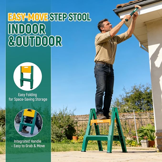 SATA 2 Step Ladder, 440 lbs Heavy Duty Plastic Step Stool, Wide Anti-Slip Pedals with Cushioned Mat, Outdoor Step Stool Foldable for Home, Garage