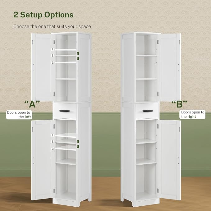 TEENFON 67 Tall Bathroom Cabinet with 6 Shelves & 1 Drawer, Narrow Storage Cabinet with Adjustable Shelves, Silm Cabinet for Living Room, Kitchen, White
