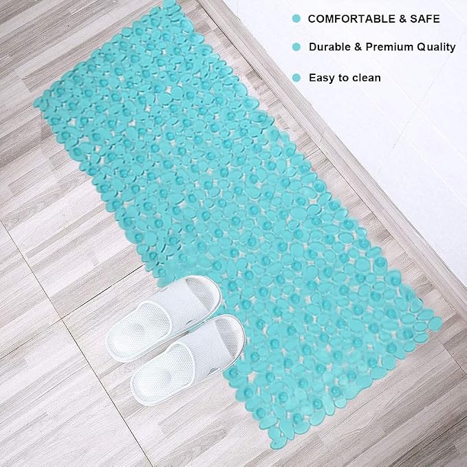 SONGZIMING Bathtub Mat Non Slip Pebble Bath Shower Mat with Drain Holes, Suction Cups Mat for Tub 16" W x 35" L, Clear Green