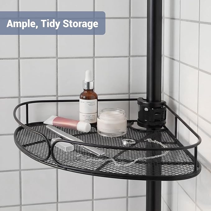 Standing Shower Caddy Corner, 4-Tier Adjustable Height Bathroom Organizer, 6-Section Pole, Sturdy Floor Standing Shelf for Shower – No Drilling, No Spring Tension