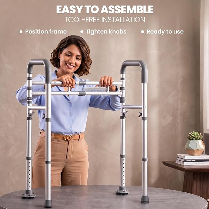 Toilet Safety Rails for Seniors | 350 lb Capacity Adjustable Toilet Handles for Elderly Adults, Heavy-Duty Toilet Safety Frame with Support Handles for Handicap Users & Mobility Assistance