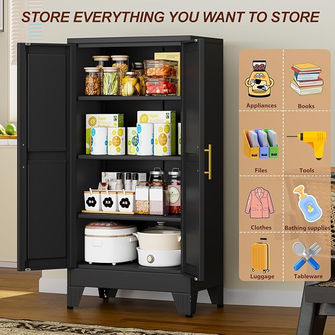 47" Black Metal Garage Storage Cabinet with 2 Doors and 3 Adjustable Shelves,Kitchen Pantry Cabinet,File Cabinet,Steel Tool Cabinet for Home,Office,Garage,School,Warehouse
