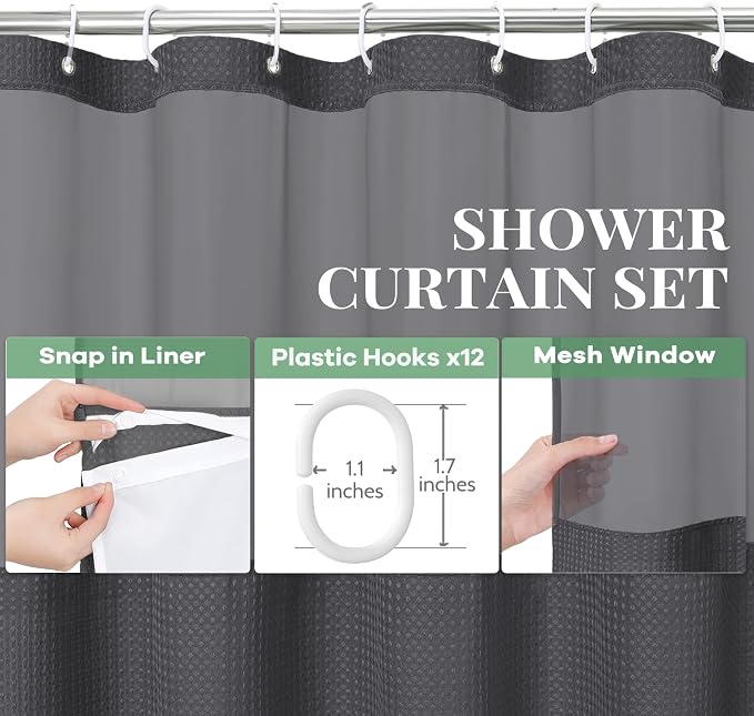 Dynamene Fabric Shower Curtain with Snap in Liner, Waffle Hotel Shower Curtains for Bathroom, Washable Waterproof Cloth Shower Curtain Liner Set with Hook, Mesh Top Window, 72x72, Charcoal Grey