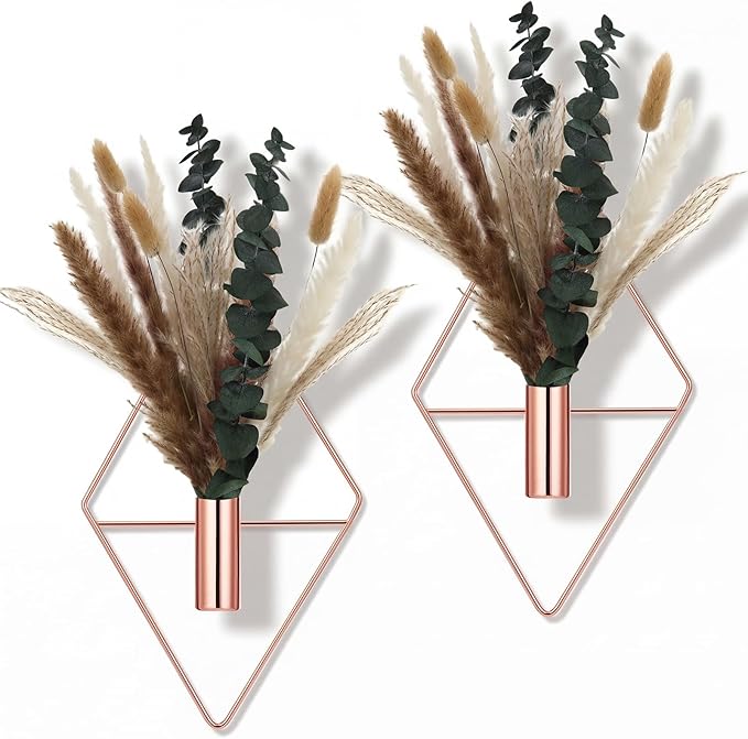 Jexine 4 Pcs Hanging Planters with Artificial Pampas Rose Gold Metal Hanging Vase Indoor Plants Holder Modern Geometric Boho Bathroom Wall Decor for Living Room Home Office