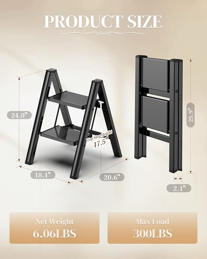 2 Step Ladder, Folding Step Stool with Wider Pedal, Anti-Slip Feet & Non Slip Stripes, Aluminum Sturdy Material, 300Lbs Capacity, Elegant Look of Piano Black Better Matches Your Home