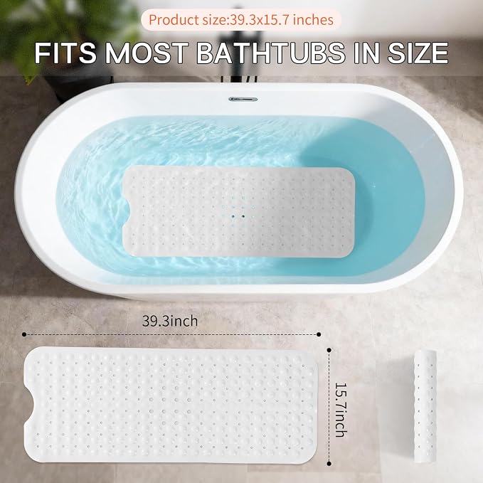 Anti-Slip Bathtub Shower mat, 40×16 inch（ 100 × 40cm） Soft Oversized Machine Washable Non-Slip Bathtub mat with Drainage Holes, Bathroom Floor Suction Cup.（1-Opaque White）