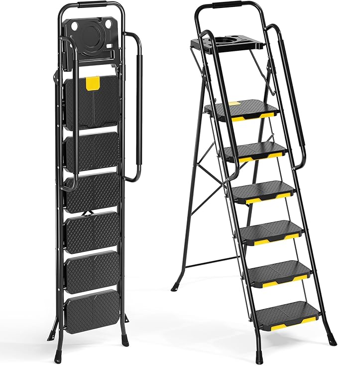 Urackify 6 Step Ladder, Folding Ladder for Multi-Purpose, Home, Kitchen, Heavy Sturdy Steel Portable Step Stool with Handrail, Safe-Lock Design, Anti-Slip Wide Pedals, Pass 500lbs Load Testing, Black