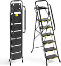 Urackify 6 Step Ladder, Folding Ladder for Multi-Purpose, Home, Kitchen, Heavy Sturdy Steel Portable Step Stool with Handrail, Safe-Lock Design, Anti-Slip Wide Pedals, Pass 500lbs Load Testing, Black