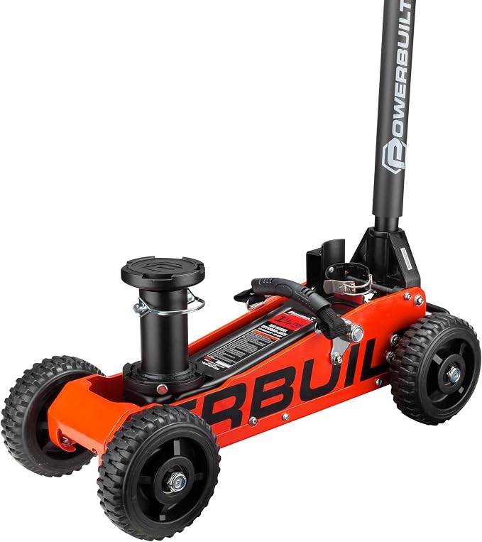 Powerbuilt 1.5 Ton Big Wheel Off Road Jack, Vehicle Lift for Trucks, SUVs, ATVs Offroad Vehicles, Oversized Wheels for Rugged Terrain, 3000 LB Capacity, Orange 620704ECE