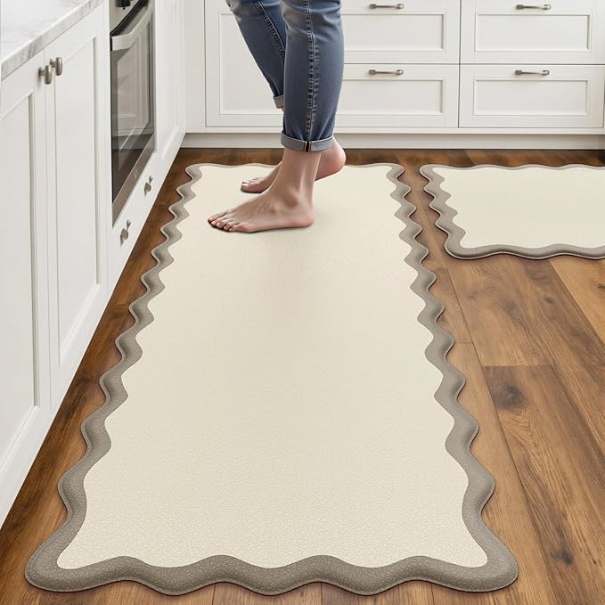 Arenarug Scalloped Kitchen Mats Rugs Sets of 2 Cushioned Anti Fatigue Floor Mat Waterproof Kitchen Rugs Non Slip Foam Comfort Standing Mat for Sink Laundry, Khaki