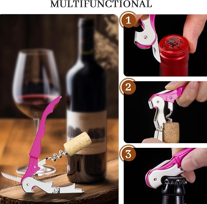 HYZ 2-Pack Wine Opener Waiter Corkscrew, Professional Wine Key for Servers, Bartender with Foil Cutter, Manual Wine Bottle Opener Double Hinged (Fuchsia)