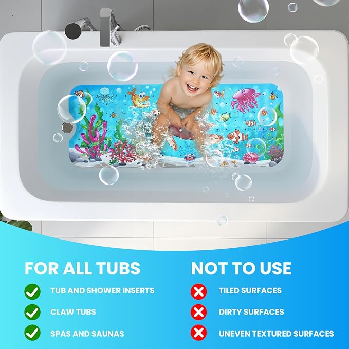 Baby Bath Tub Mat, 40 x 16 Inch Extra Large Non Slip Kids Cartoon Bathtub Shower Mats with Suction Cups & Drain Holes, Machine Washable for Bathroom, Undersea Sea Turtle