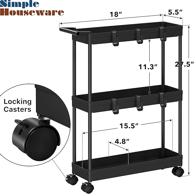 Simple Houseware 3-Tier Slim/Narrow Storage Cart with Handle, 5.5'' Wide x 27.5'' Height Rolling Organizer for Kitchen, Bathroom, Laundry Room - Black