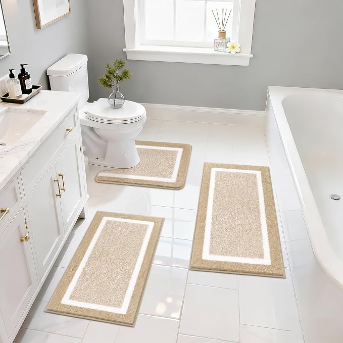 Pauwer Bathroom Rugs Sets 3 Piece Bathroom Shower Rugs with U-Shaped Contour Toilet Mat Absorbent Microfiber Plush Bath Mats Non Slip Bath Rugs Machine Washable Shaggy Bath Floor Mats
