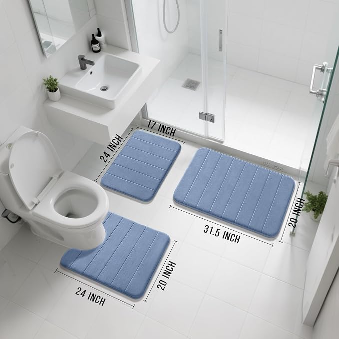 Yimobra Memory Foam Bath Mat Set 3 Pieces- Super Soft Absorbent Quick Dry Bathroom Rug Sets, Machine Washable Non Slip Floor Carpet for Tub Shower, Vanity & Toilet Base, Denim Blue