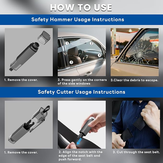 4PCS Window Breaker Seatbelt Cutter Car Safety Hammer, 2-in-1 Glass Breaker and Seat Belt Cutter with Test Glass, Underwater Emergency Escape Tool for All Vehicles (Grey)