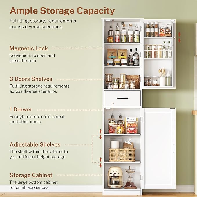 TEENFON Tall Storage Cabinet with 3 Door Shelves & 1 Drawer, Narrow Kitchen Pantry Cabinet for Living Room, Bathroom, Entryway, White