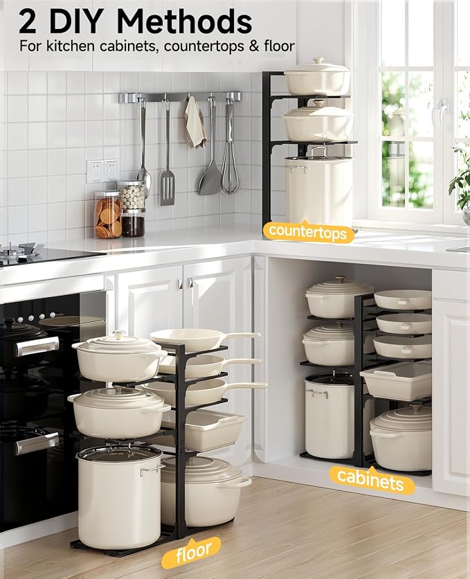 MUDEELA Pots and Pans Organizer Rack under Cabinet 20.8" Height, 8-Tier Adjustable Heavy Duty 120LBS Pot and Pan Organizer Rack inside Cabinet for Kitchen Organizer Cast-iron Pans, Heavy Cookware