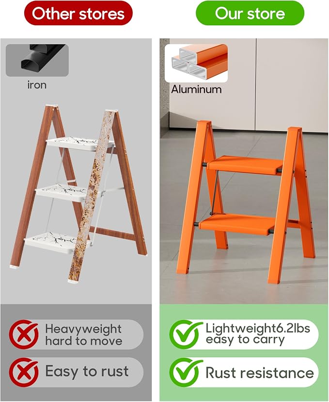 HillhutApex 2 Step Ladder, Lightweight Portable 2 Step Stool with Anti-Slip Wide Pedal, 330lbs Capacity Aluminum Ladder for Household,Office,Library(Orange)